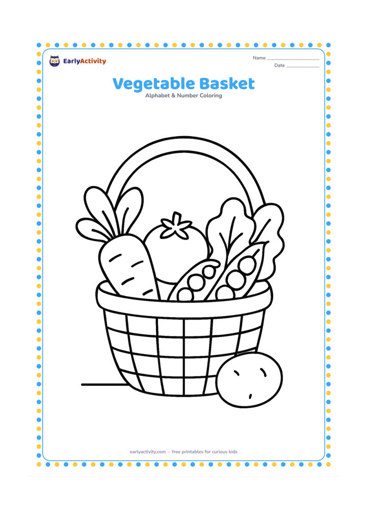 Colouring page: Draw a large basket filled with a carrot, tomato, peas, and leafy spinach. Place one loose vegetable beside the basket on a plain ground line.