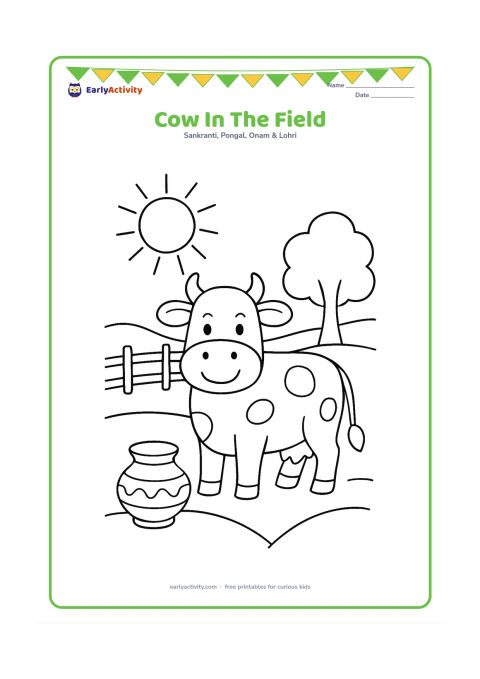 Colouring page: A friendly cow stands in a broad harvested field with a simple tree, a fence, and a large Sun. Place a small decorated pot near the foreground to connect the scene to Pongal.