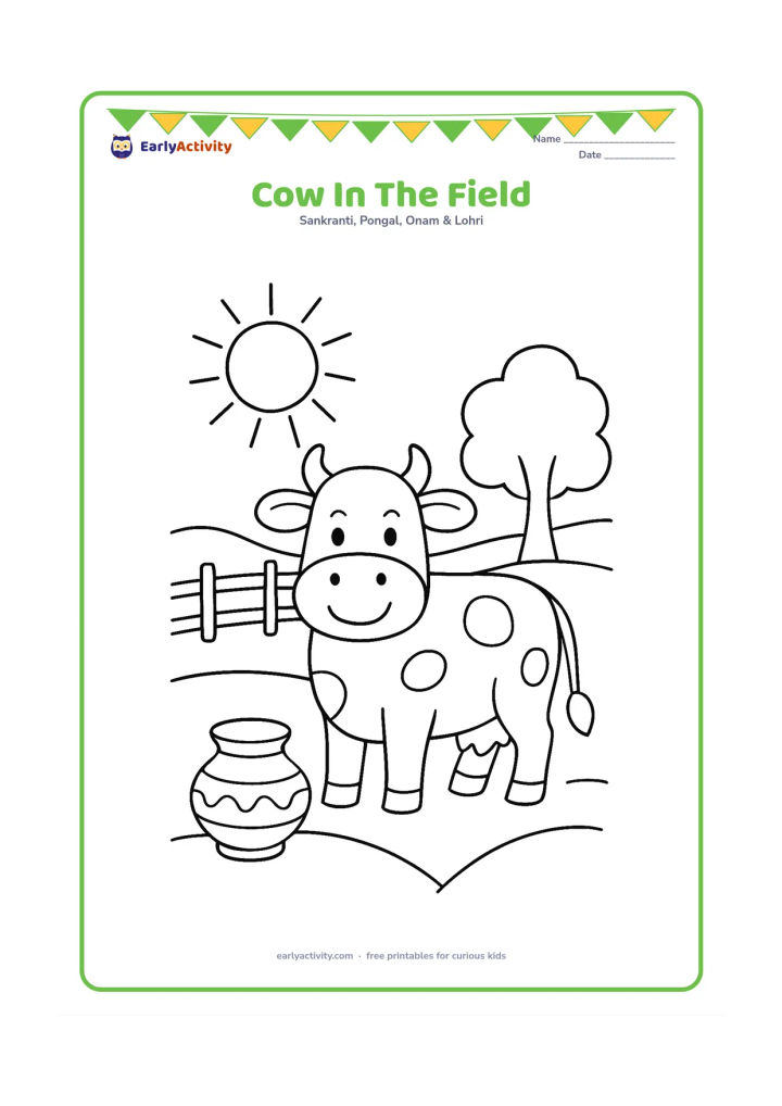 Colouring page: A friendly cow stands in a broad harvested field with a simple tree, a fence, and a large Sun. Place a small decorated pot near the foreground to connect the scene to Pongal.