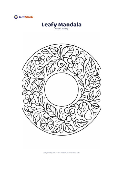 Colouring page: Draw a large, balanced circular pattern made from broad leaves, simple flowers, fruit slices, and curved vines. Divide it into spacious repeating sections without letters, numbers, or…