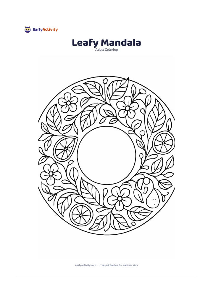 Colouring page: Draw a large, balanced circular pattern made from broad leaves, simple flowers, fruit slices, and curved vines. Divide it into spacious repeating sections without letters, numbers, or…