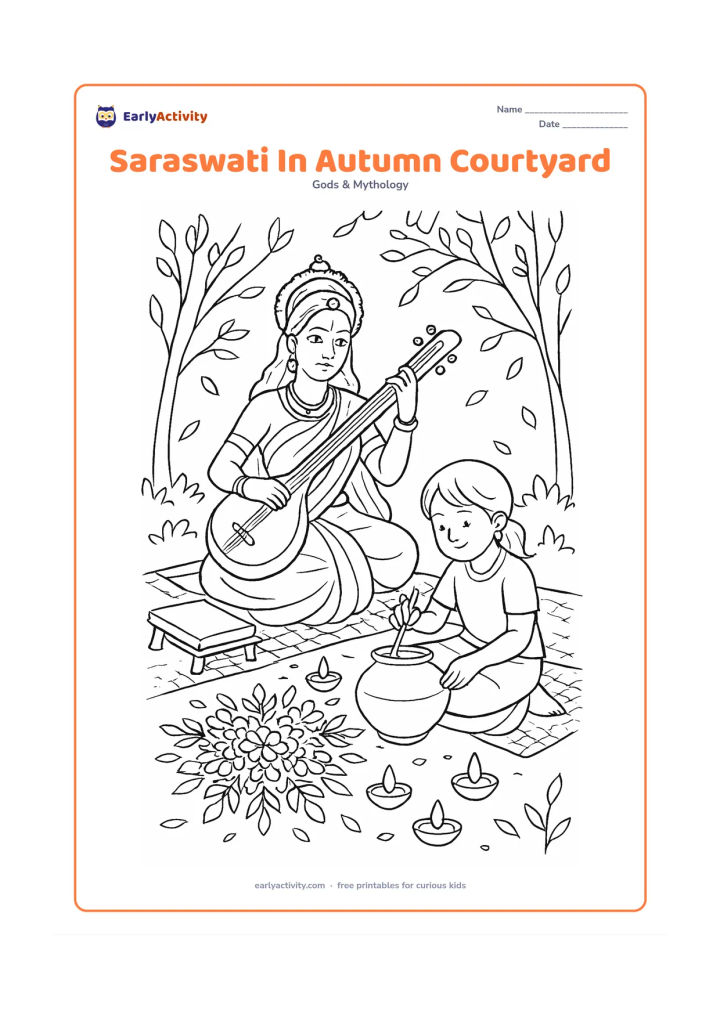 Colouring page: Saraswati sits beside a rangoli of leaves and flowers while a child paints a blank clay pot nearby. Add a veena, a blank book on a low stand, earthen lamps, a woven mat, and trees with…