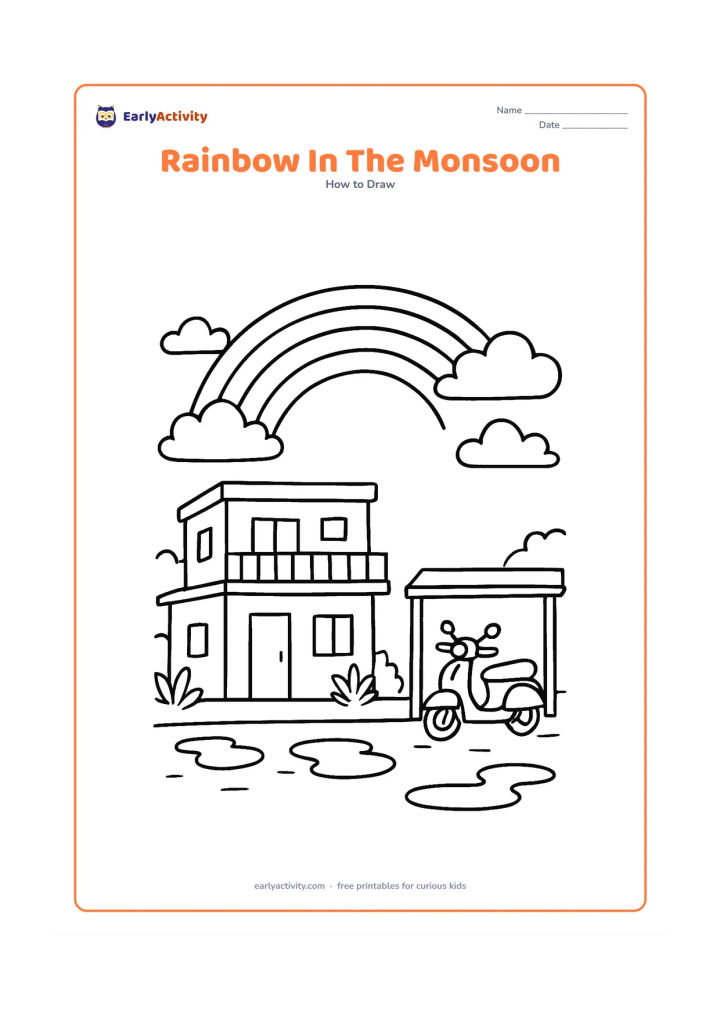 Worksheet: A rainbow appears after rain above an Indian neighbourhood with a flat-roofed home, a balcony, a scooter under a shelter and puddles on the road. Include a few plants and clouds but no…