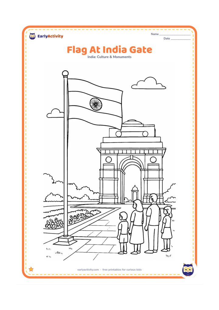Colouring page: Draw an Indian flag on a tall pole in front of India Gate, with a neat lawn, flower beds and visitors standing respectfully nearby. The monument must have no engraved words or numbers.
