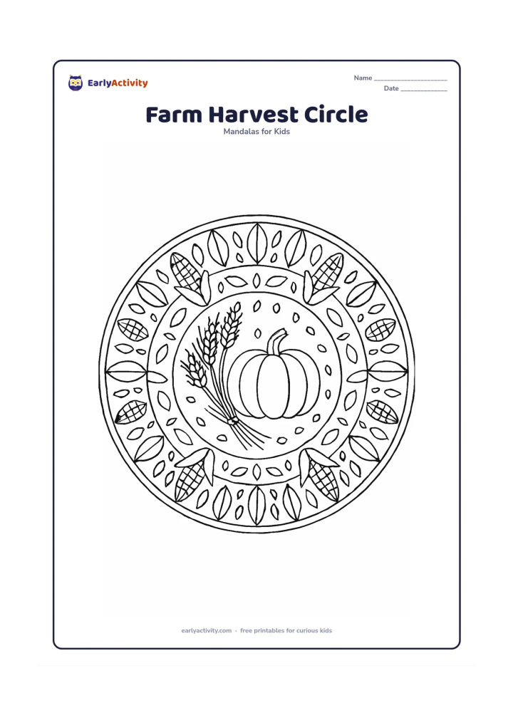 Colouring page: A detailed circular mandala showing a small bundle of wheat and a pumpkin at the centre, surrounded by repeated corn, leaves, seeds, sun rays and curved harvest bands. Arrange the crops…