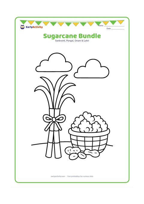 Colouring page: Draw a tied bundle of sugarcane stalks standing beside a small basket of peanuts and popcorn. Add two large winter clouds and a simple ground line to suggest an outdoor Lohri setting.