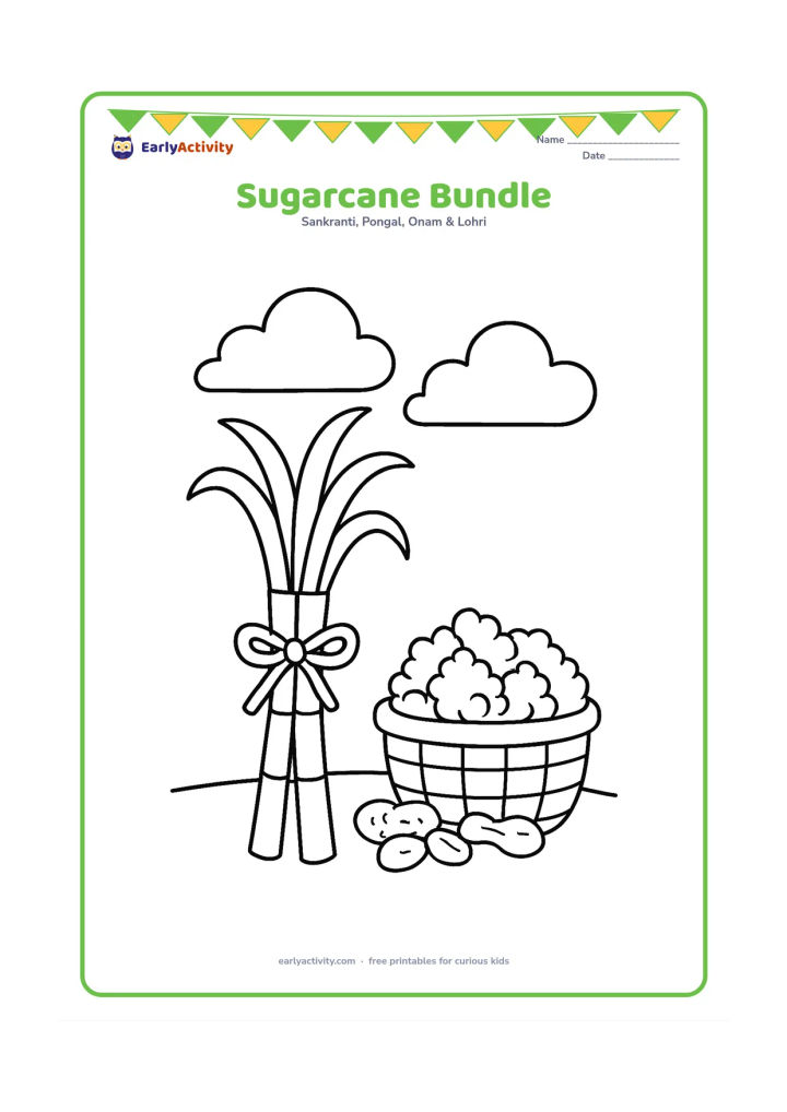Colouring page: Draw a tied bundle of sugarcane stalks standing beside a small basket of peanuts and popcorn. Add two large winter clouds and a simple ground line to suggest an outdoor Lohri setting.