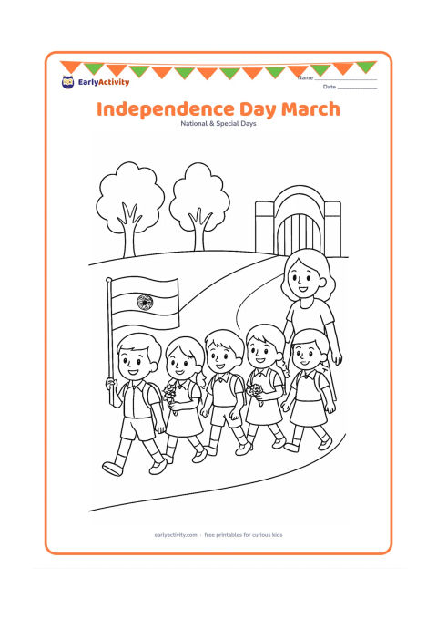 Colouring page: Draw a line of five schoolchildren marching along a path, with the first child carrying an Indian flag and the others holding small flower bunches. Include a teacher walking beside them,…