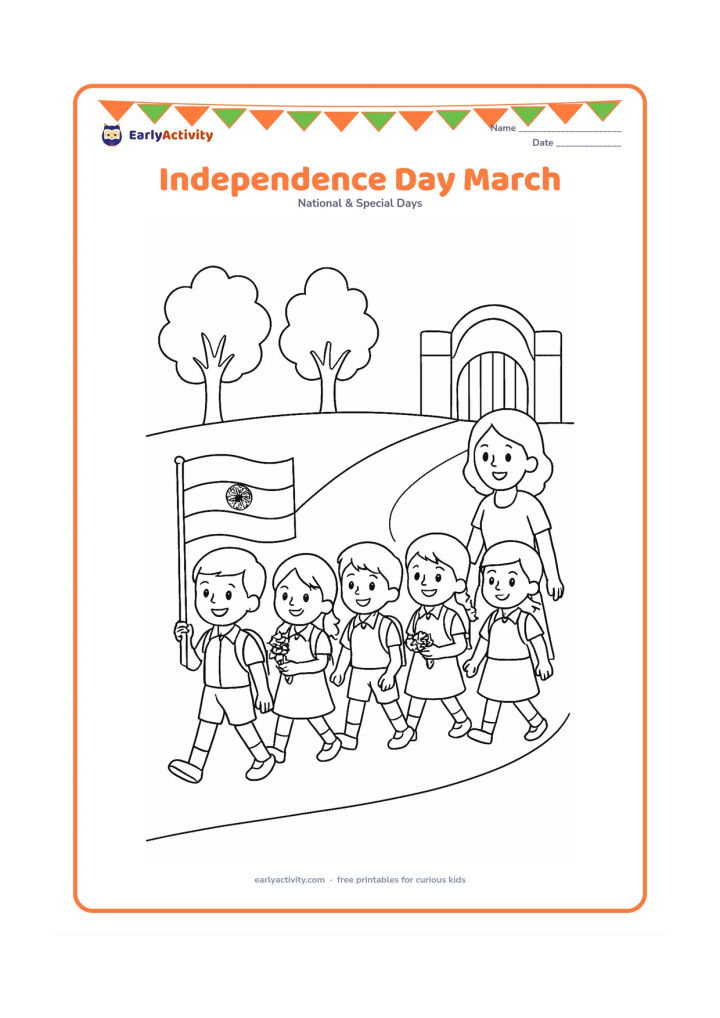 Colouring page: Draw a line of five schoolchildren marching along a path, with the first child carrying an Indian flag and the others holding small flower bunches. Include a teacher walking beside them,…
