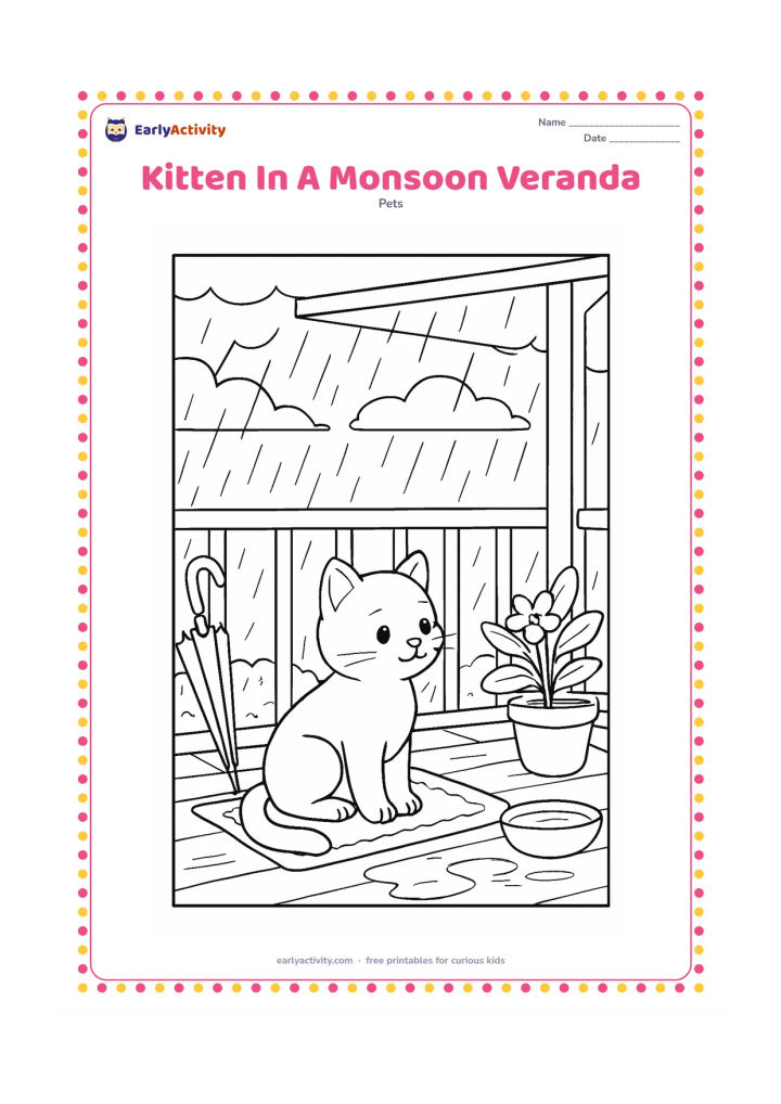 Colouring page: A kitten sits beneath a covered veranda watching heavy rain beyond a railing, with wet potted plants, a folded umbrella, a mat and a bowl of water nearby. Show layered clouds and puddle…