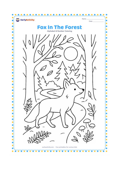 Colouring page: Draw a fox walking along a winding forest trail at dusk, surrounded by tall trees, ferns, mushrooms and drifting leaves. Add a distant moon shape through the branches without making the…