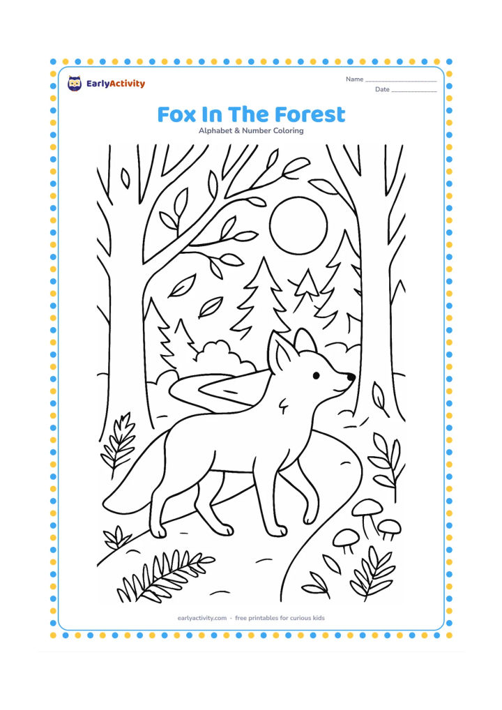 Colouring page: Draw a fox walking along a winding forest trail at dusk, surrounded by tall trees, ferns, mushrooms and drifting leaves. Add a distant moon shape through the branches without making the…