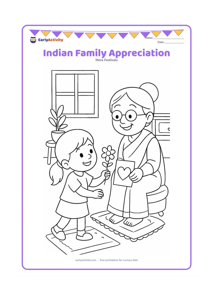 Colouring page: A child offers a flower and a blank heart card to a smiling grandparent at home, with floor cushions, a small table, and a potted plant in the room.