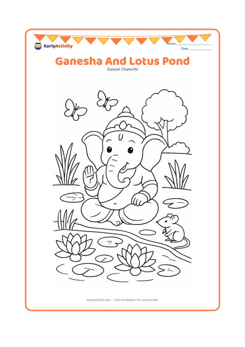 Colouring page: Ganesha sits beside a pond with open lotus flowers and lily pads, while a mouse rests near the bank. Add reeds, two butterflies and a distant tree.