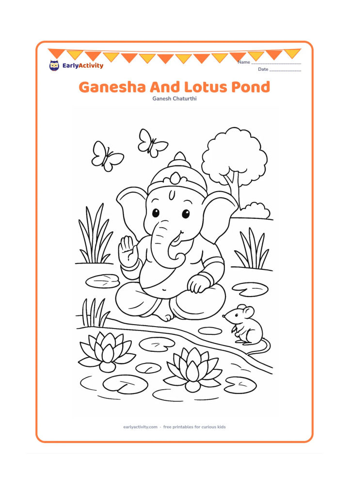 Colouring page: Ganesha sits beside a pond with open lotus flowers and lily pads, while a mouse rests near the bank. Add reeds, two butterflies and a distant tree.
