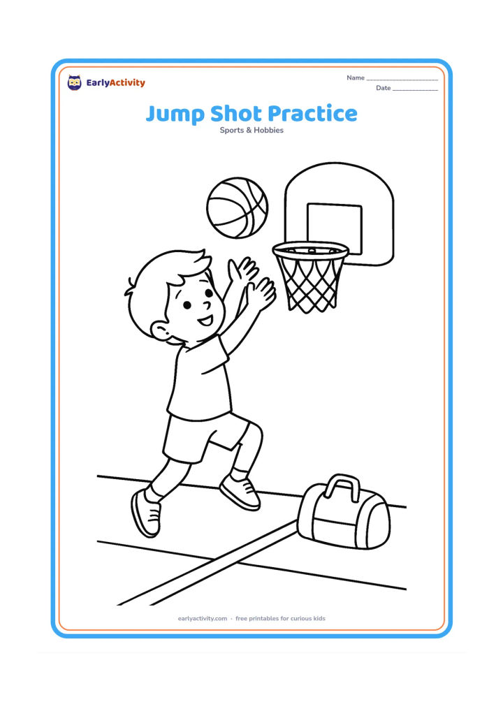 Colouring page: A child is airborne taking a basketball shot toward a hoop, with a few floor lines and a sports bag near the court edge. The ball is just above the raised hands.