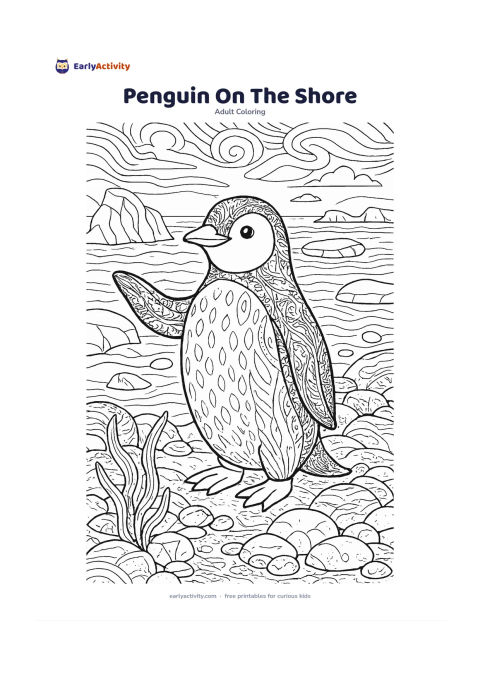 Colouring page: Draw a penguin standing beside a rocky seashore with one flipper raised. Include smooth ice shapes, rounded stones, seaweed, distant waves and a few floating ice pieces in a calm…
