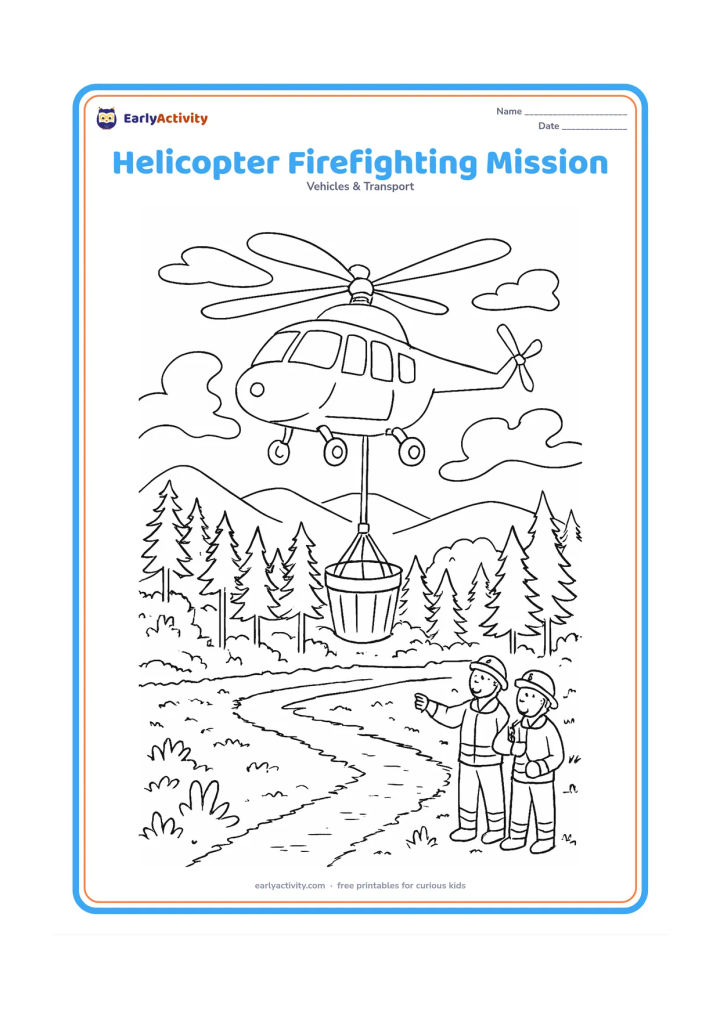 Colouring page: Draw a firefighting helicopter carrying a large water bucket over a forest edge while a crew guides the operation from below. Include winding smoke-free clouds, pine trees, a firebreak…