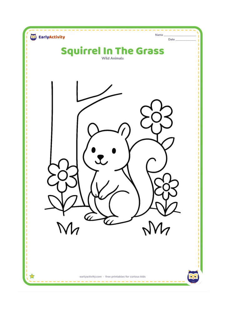 Colouring page: Draw a squirrel sitting in short grass beside one simple tree trunk and three large flowers, with its tail curled beside its body.