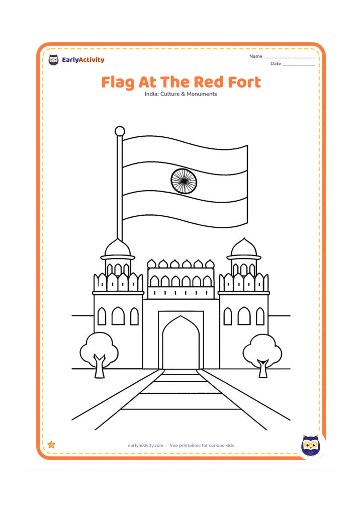 Colouring page: Draw an Indian flag flying above a simplified Red Fort gateway, with two small trees and a paved foreground. Show the flag fully open and the Ashoka Chakra clearly in the white band.