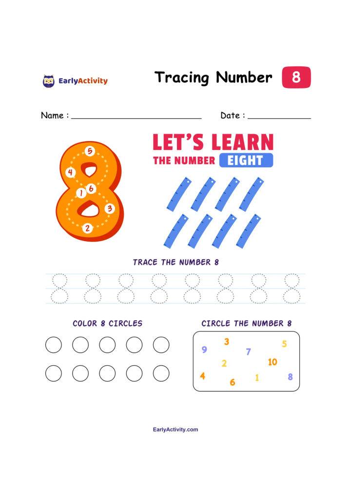 Worksheet showing tracing practice for the number 8, eight dotted numerals, circles to colour, and a number box to search.