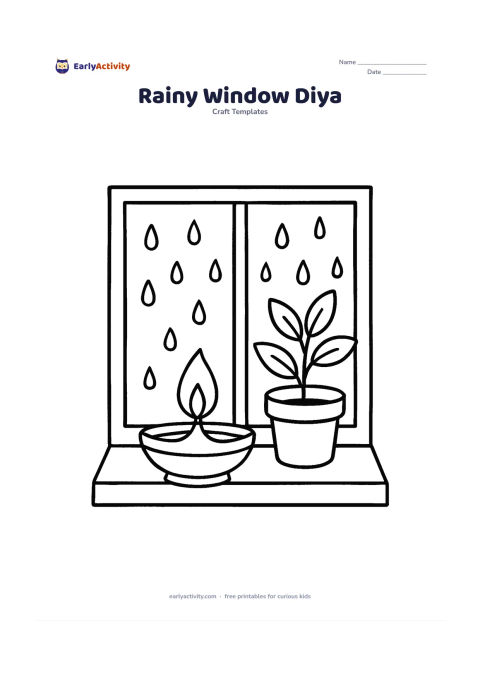 Worksheet: A diya with a bright flame sits on a wide windowsill, with simple raindrops on the window and a small potted plant beside it.