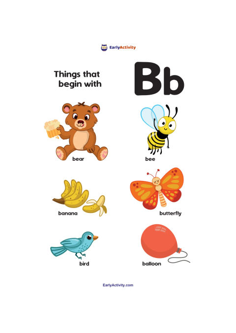Worksheet showing the letter B and pictures of a bear, bee, banana, butterfly, bird and balloon.