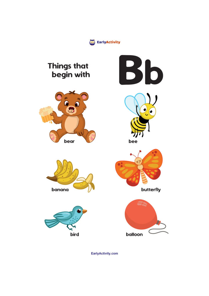 Worksheet showing the letter B and pictures of a bear, bee, banana, butterfly, bird and balloon.