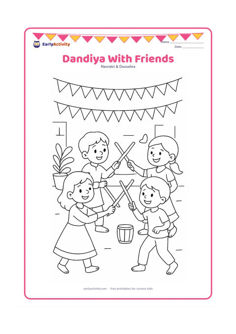Colouring page: Draw four friends dancing dandiya in pairs, with their sticks crossing safely at shoulder height. Set the scene in a decorated neighbourhood courtyard with bunting, potted plants, and a…