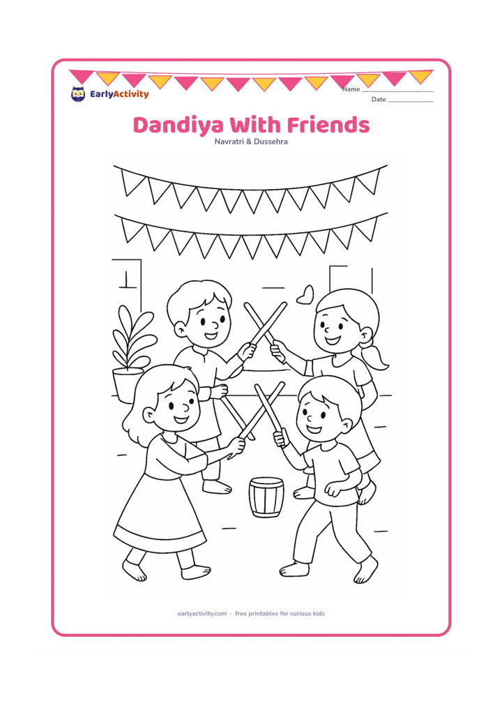 Colouring page: Draw four friends dancing dandiya in pairs, with their sticks crossing safely at shoulder height. Set the scene in a decorated neighbourhood courtyard with bunting, potted plants, and a…