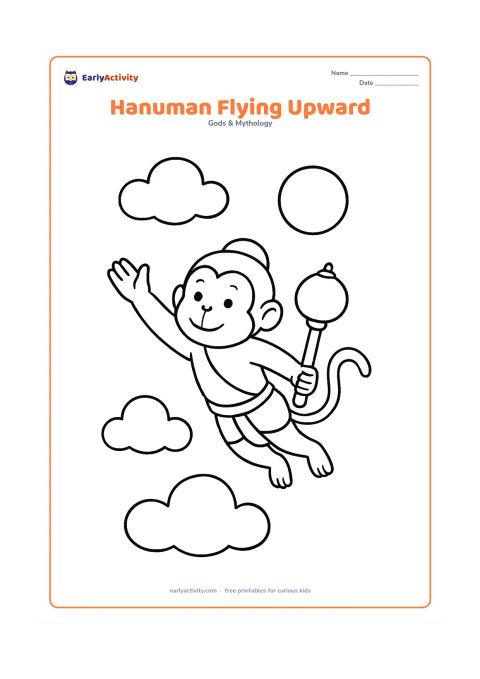 Colouring page: Hanuman flies upward with one arm reaching forward, his tail streaming behind and his gada held safely in the other hand. Surround him with three large clouds and a round sun.