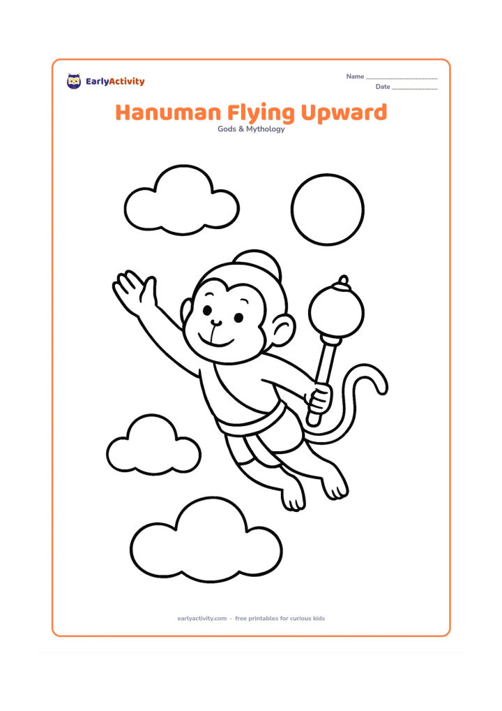 Colouring page: Hanuman flies upward with one arm reaching forward, his tail streaming behind and his gada held safely in the other hand. Surround him with three large clouds and a round sun.