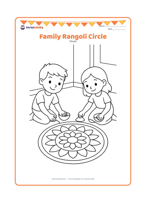 Colouring page: Draw two children kneeling on either side of a large circular rangoli, each adding a broad petal shape with a small bowl of coloured powder nearby. Include a simple floor and doorway in…