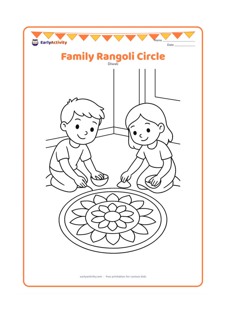 Colouring page: Draw two children kneeling on either side of a large circular rangoli, each adding a broad petal shape with a small bowl of coloured powder nearby. Include a simple floor and doorway in…