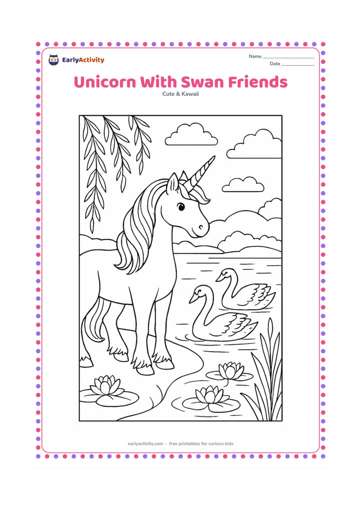 Colouring page: A unicorn stands beside a calm lake with two friendly swans, reeds, water lilies, willow branches and distant hills. Add feather sections, reflected shapes and a few clouds for older…