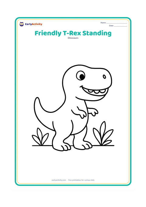 Colouring page: A cheerful T-Rex stands upright in a clear open space, showing its large head, small arms, strong back legs, long balancing tail, and a few friendly teeth. Add only a low ground line and…