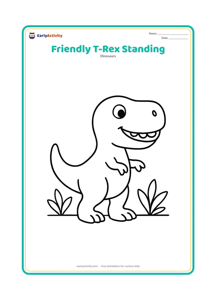 Colouring page: A cheerful T-Rex stands upright in a clear open space, showing its large head, small arms, strong back legs, long balancing tail, and a few friendly teeth. Add only a low ground line and…