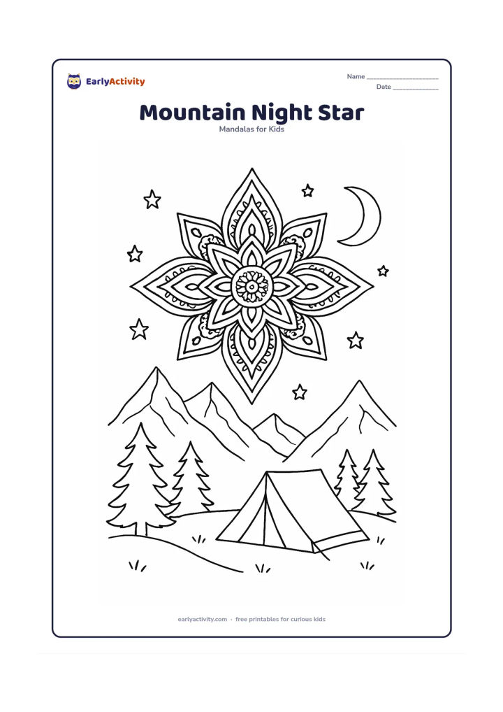 Colouring page: Place a layered star mandala in a clear night sky above mountain peaks, pine trees and a small campsite with a tent. Add a crescent moon and a few evenly spaced stars around the mandala.