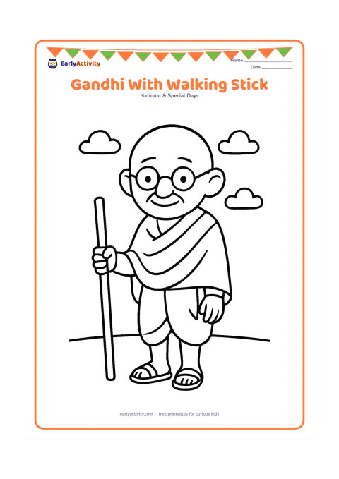 Colouring page: Draw a friendly, respectful portrait of Mahatma Gandhi standing with his round spectacles and walking stick. Use a simple open background with a few soft clouds and a clean ground line,…