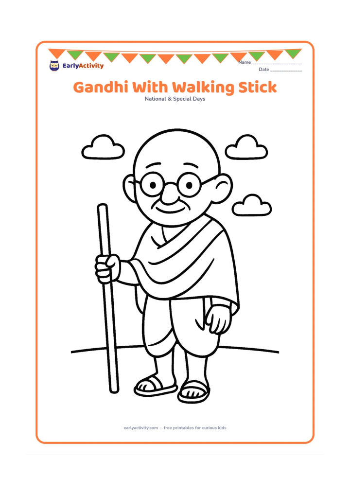 Colouring page: Draw a friendly, respectful portrait of Mahatma Gandhi standing with his round spectacles and walking stick. Use a simple open background with a few soft clouds and a clean ground line,…
