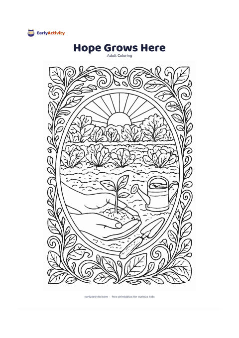 Colouring page: Hands plant a tiny seedling in rich soil inside a community garden, with rows of leafy vegetables, a hand trowel, a watering pot and a rising sun behind the plants. Arrange curling stems…