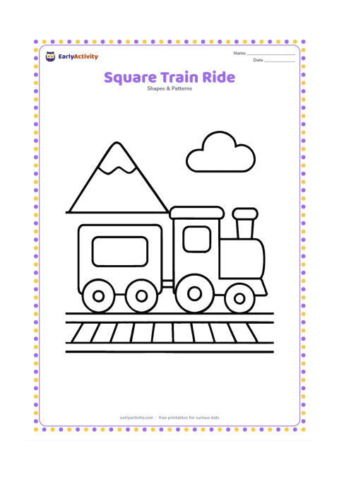 Colouring page: Draw a toy train with square carriages, round wheels and rectangular windows moving along two simple tracks. Add one triangular mountain and a round cloud in the background.