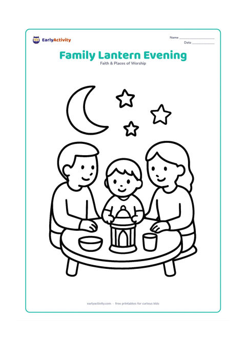 Colouring page: Two adults and one child sit around a low table with a large lantern in the centre, while a crescent and stars appear above them. Use simple friendly figures and a few broad table objects.