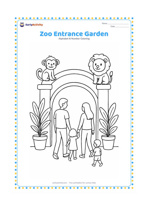 Colouring page: Draw a welcoming zoo entrance arch with a family walking through it, surrounded by potted plants and two cartoon animal statues. Do not add lettering, numbers or signs to the arch.