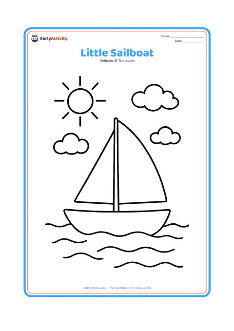 Colouring page: Draw a small sailboat moving across gentle water with one large triangular sail and a short mast. Add a few simple clouds and a large sun in the sky.