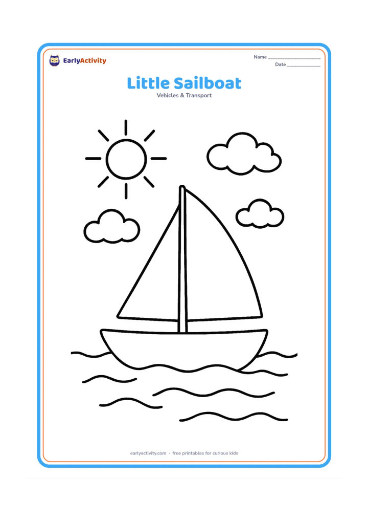 Colouring page: Draw a small sailboat moving across gentle water with one large triangular sail and a short mast. Add a few simple clouds and a large sun in the sky.