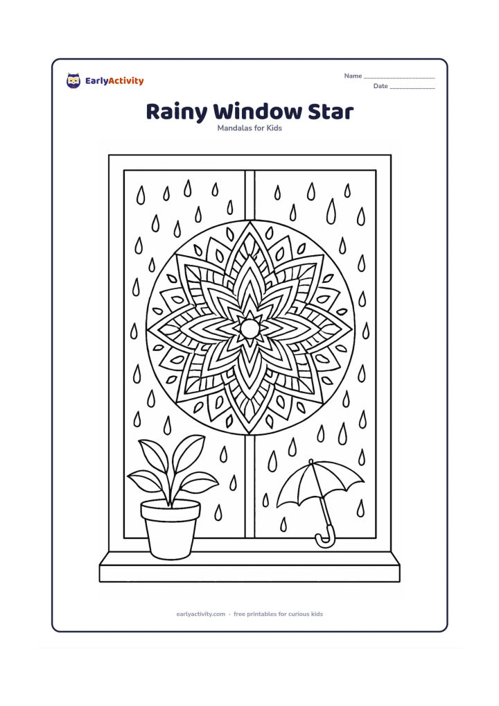 Colouring page: Show a star mandala seen through a large window during monsoon rain, with raindrops on the glass, a potted plant on the sill and a small umbrella outside. The mandala should have clearly…