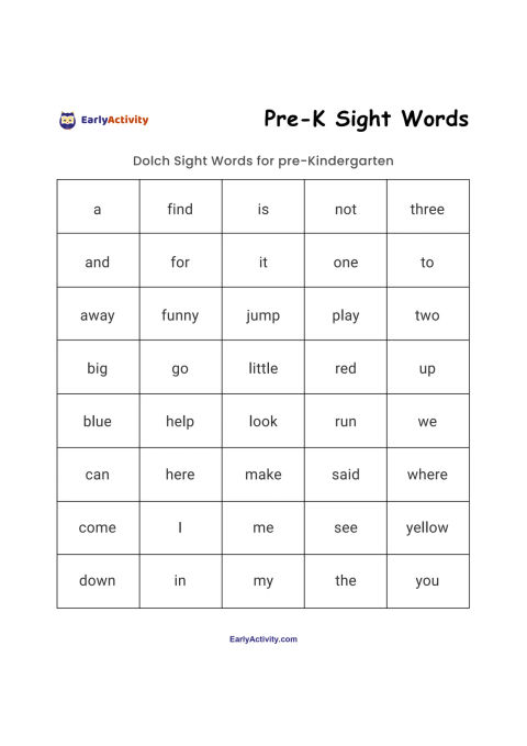 Worksheet showing a 5-by-8 grid of common Dolch sight words for pre-kindergarten, including words such as a, find, is, three and yellow.