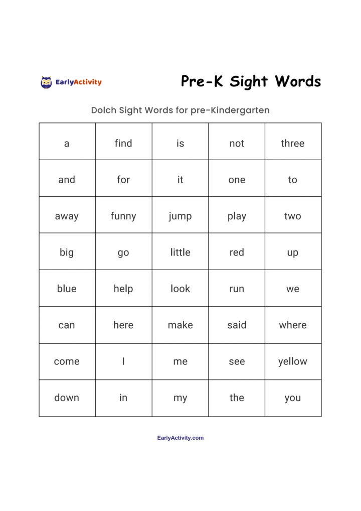 Worksheet showing a 5-by-8 grid of common Dolch sight words for pre-kindergarten, including words such as a, find, is, three and yellow.