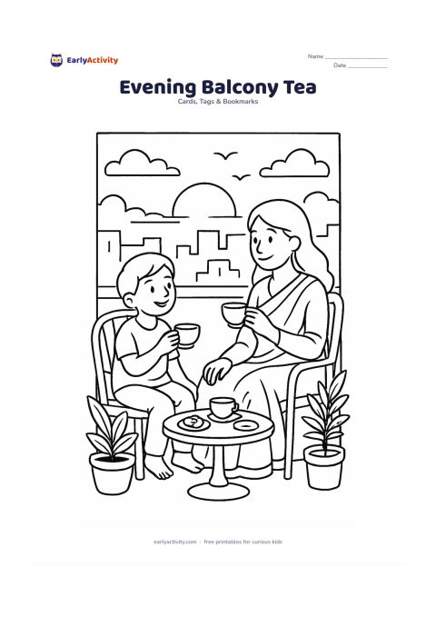 Worksheet: A mother and child sit on an Indian balcony at sunset, sharing tea beside a small table with cups, snacks and potted plants. Include a blank section of the balcony wall for writing, with…